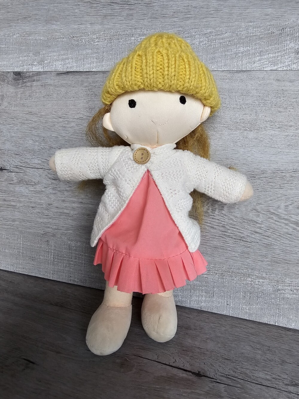 11" Handmade Girl Doll Waldorf with Yellow Hat Pink Dress Auburn Hair Artist